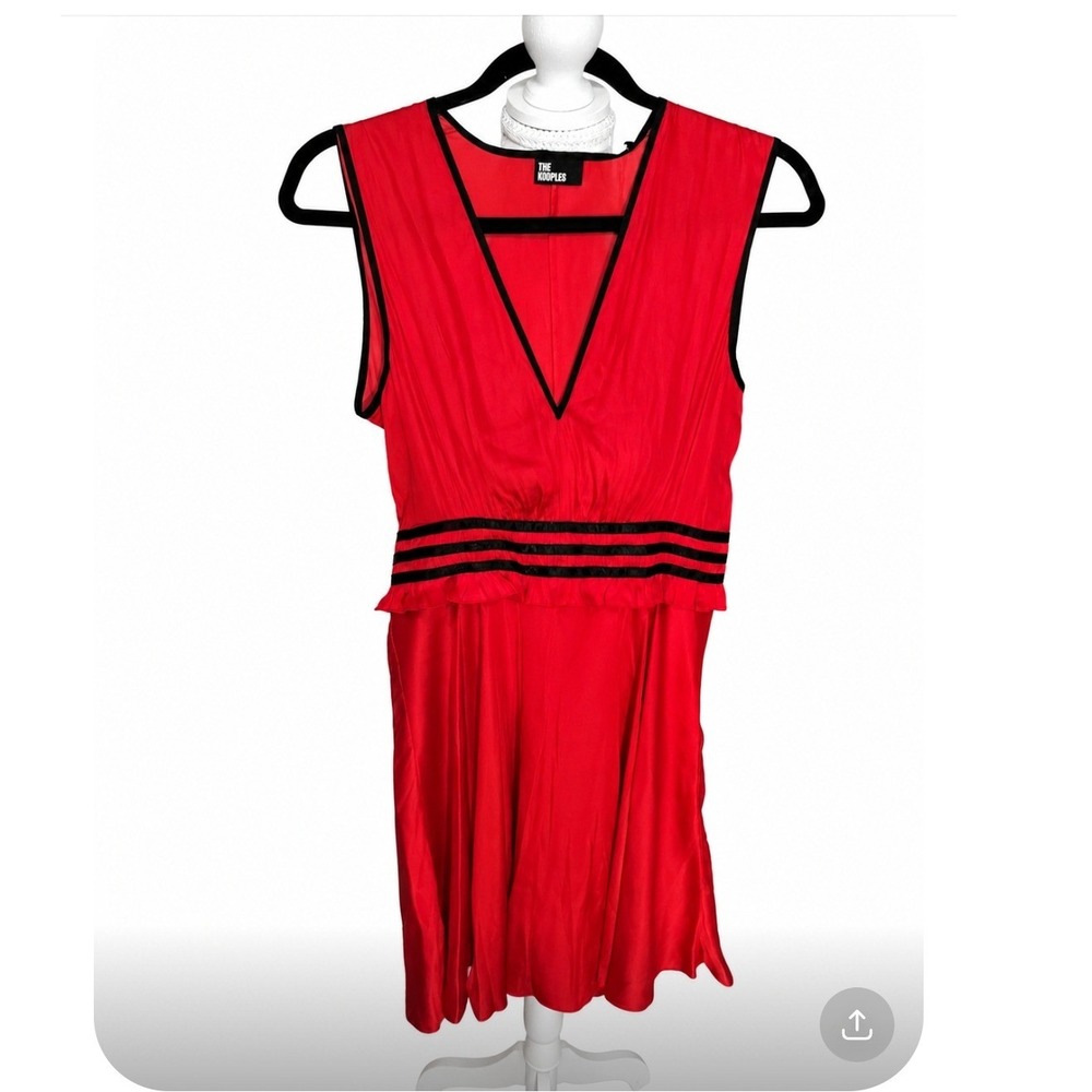 The Kooples Red V-Neck Sleeveless Dress‎ Black Striped Waist FROB26107K Size 2